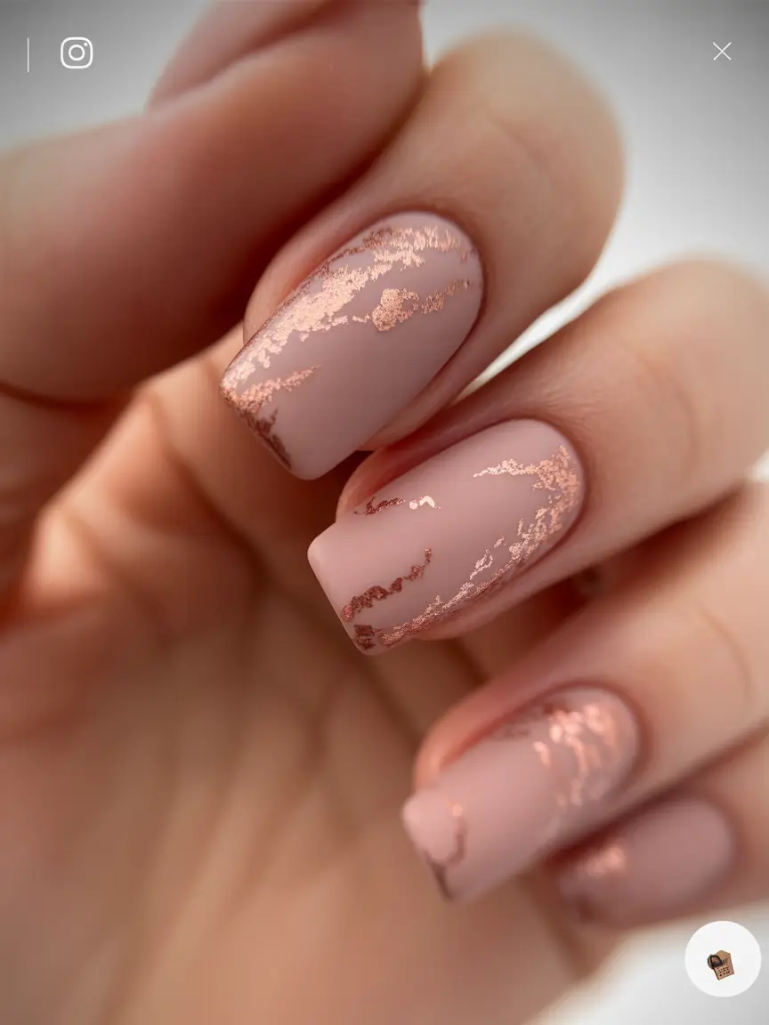 cute nails 2026 Rosy Nude With Metallic Rose-Foil Veins