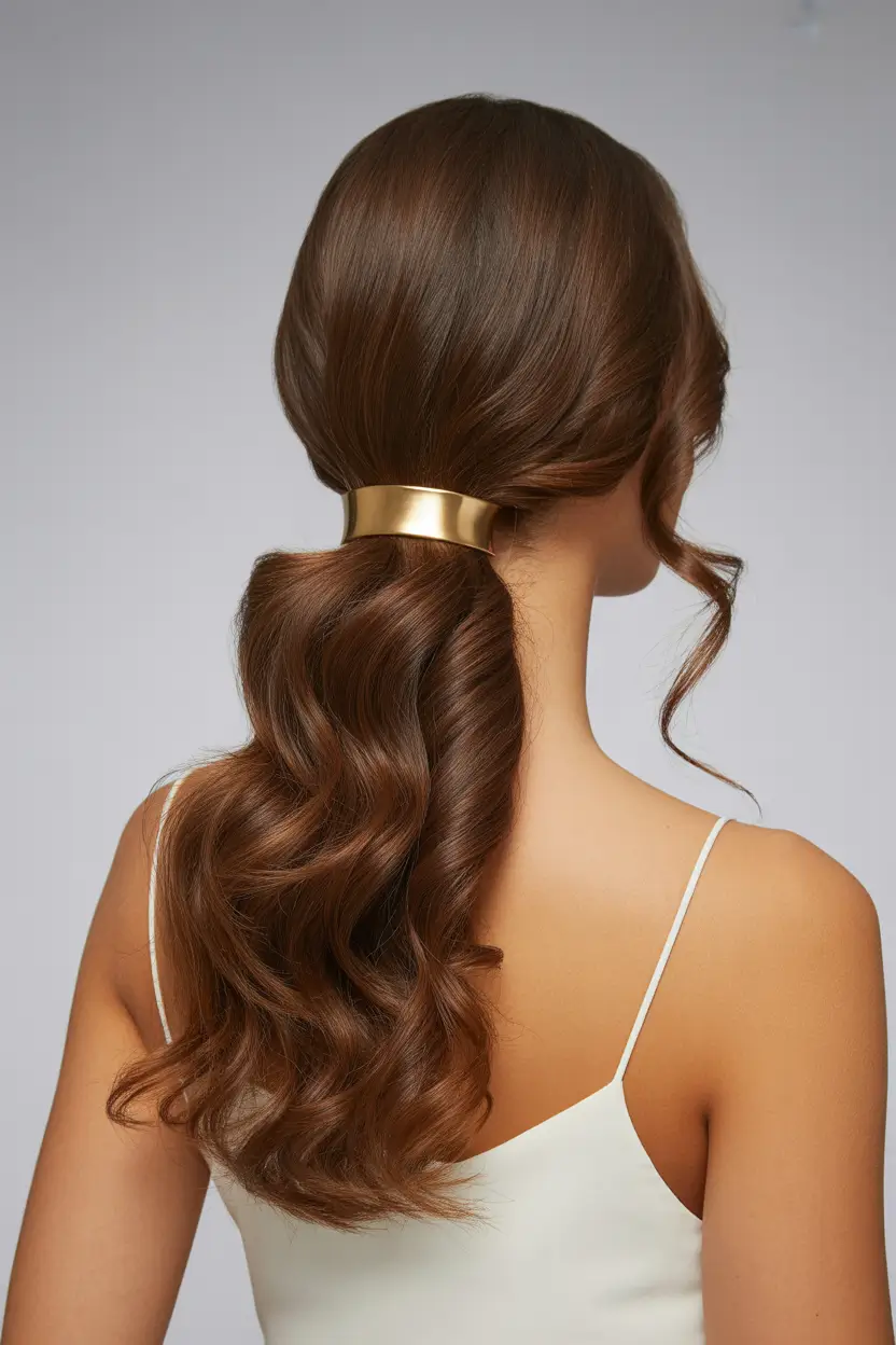 easy hairstyles ideas 2026 Polished Pony with Gold Accent