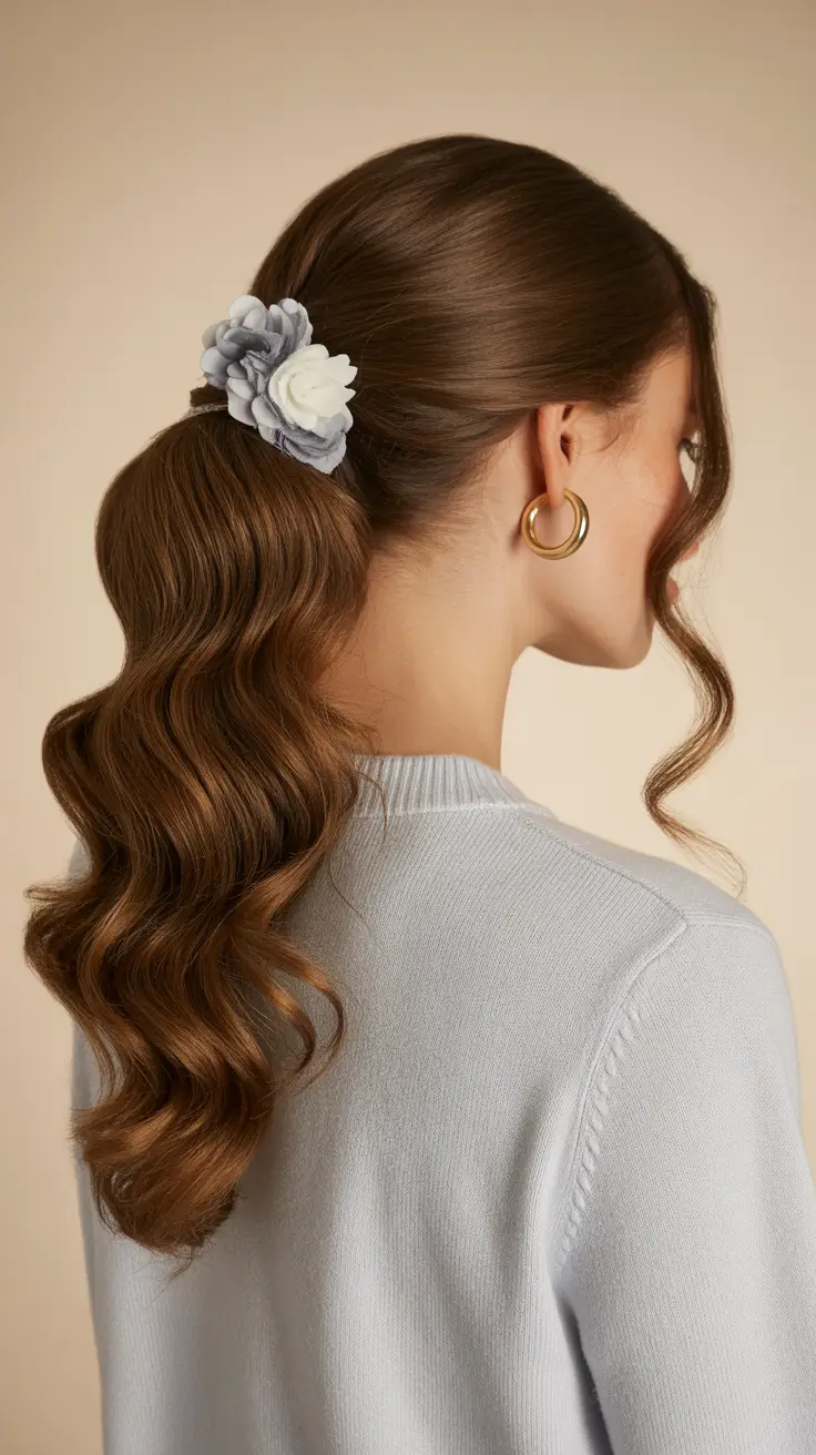 easy hairstyles ideas 2026 Romantic Ponytail with Floral Clip