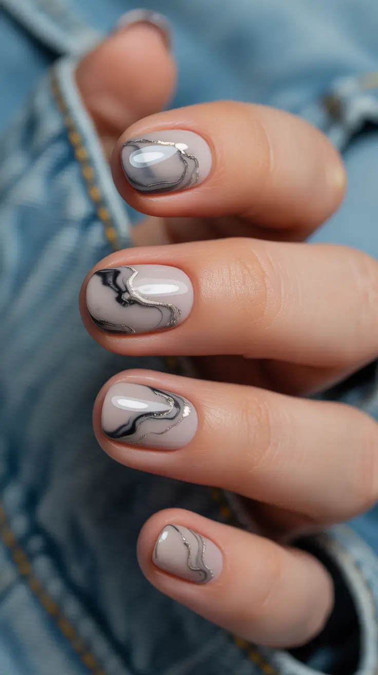 elegant nails 2026 Marble Mist Short Neutral Waves