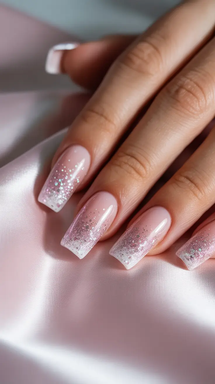 elegant nails 2026 Pink Frost Square Ombre Sparkle