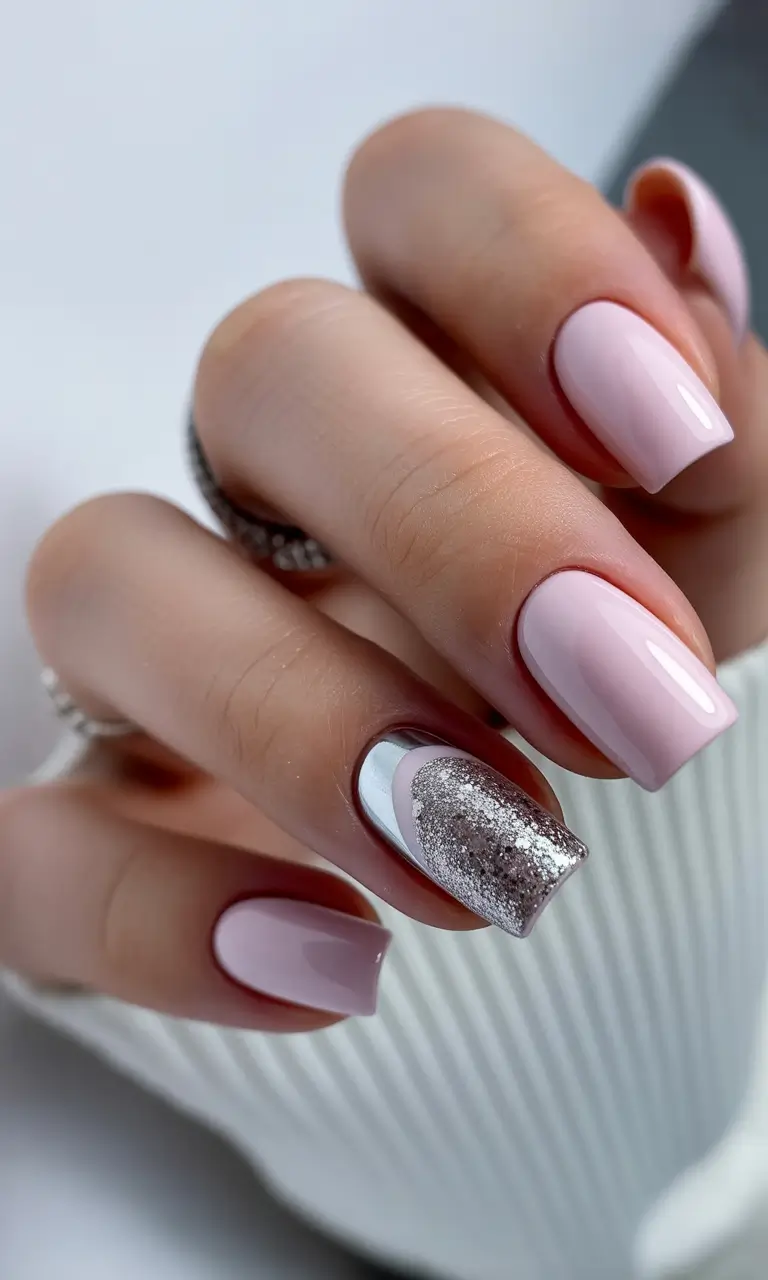 elegant nails 2026 Silver Crescent Pink Square Shine