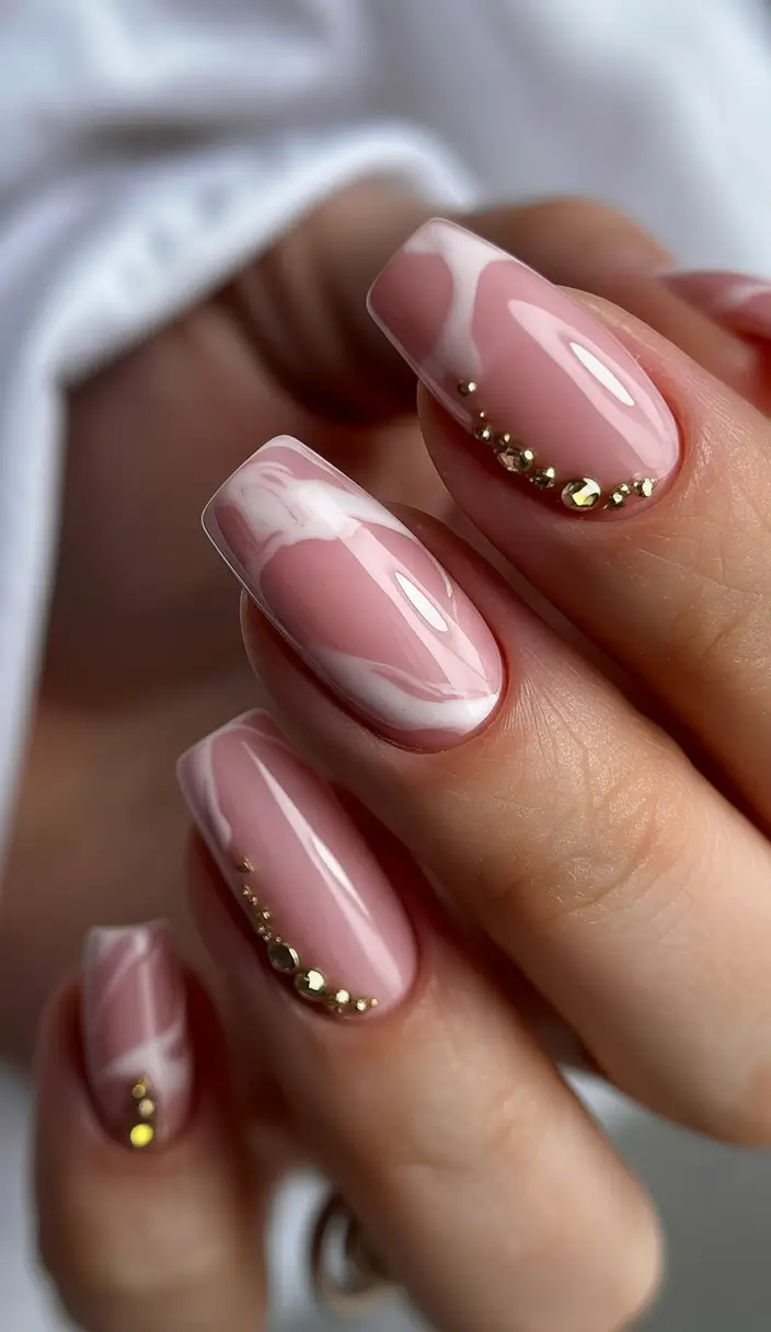 elegant nails 2026 Blush Marble Gold Accent Square