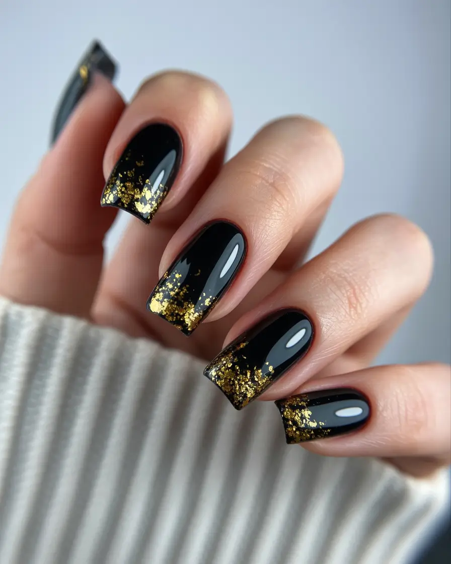 elegant nails 2026 Black Satin With Gold Flakes