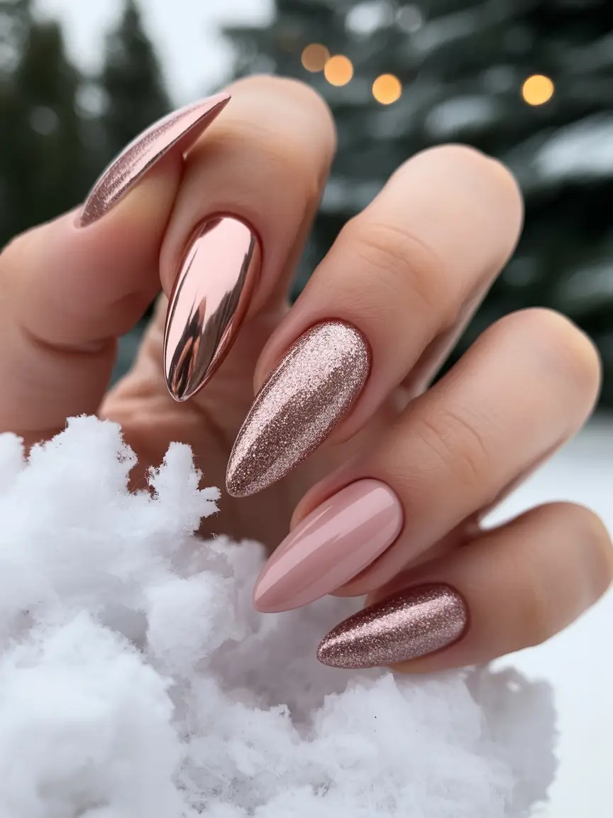 elegant nails 2026 Rose Chrome Almond Shine
