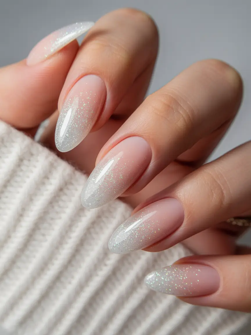 elegant nails 2026 Soft Snowfall Almond Elegance