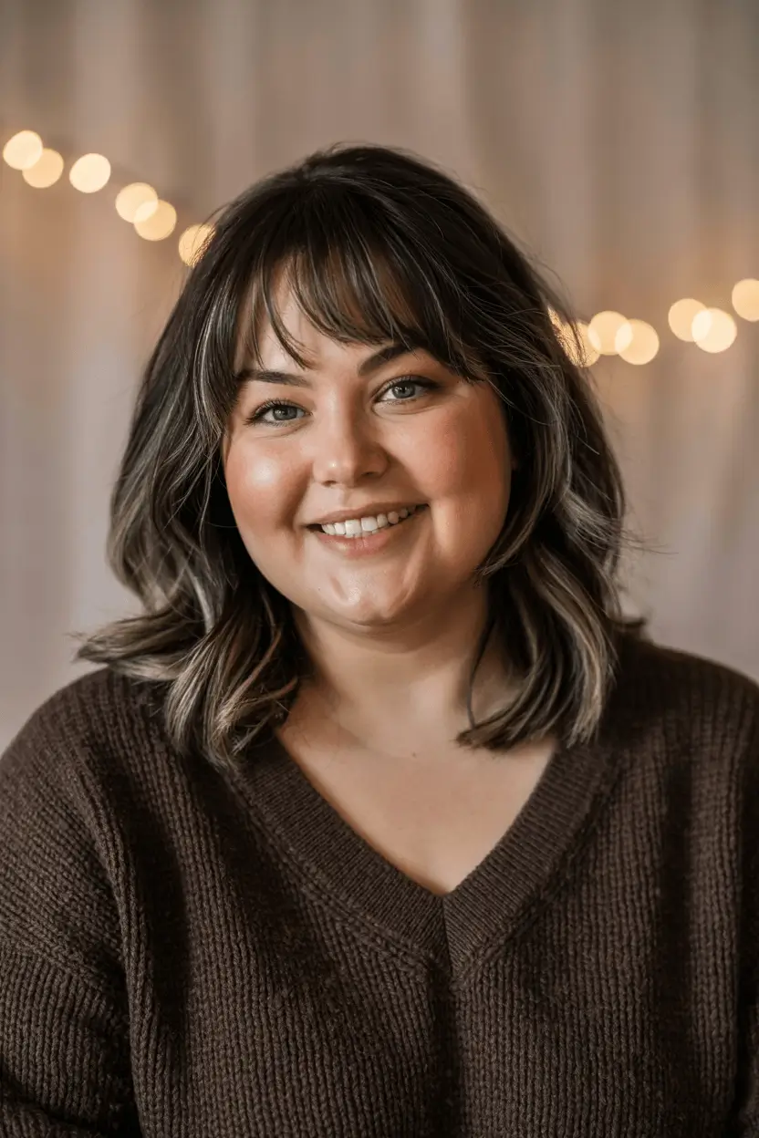 fat face haircuts long hair Soft Brunette Waves with Wispy Fringe