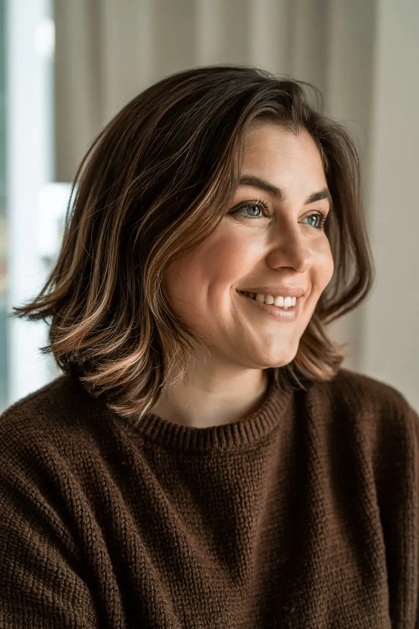 fat face haircuts short Chin-Length Volume with Warm Dimension