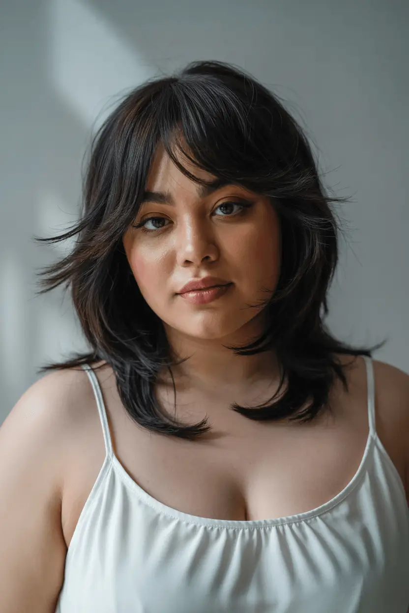 fat face haircuts with bangs Modern Shag with Face-Softening Layers