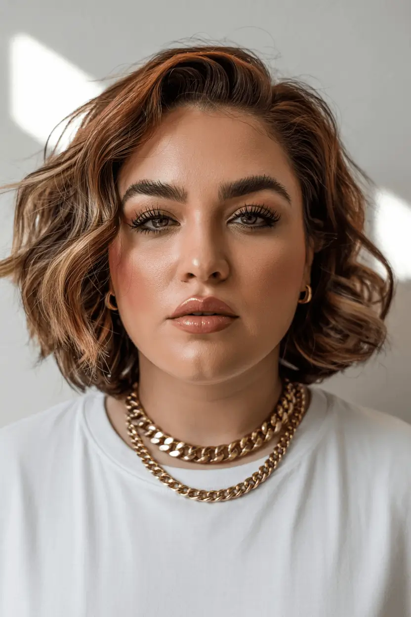 fat face haircuts short Chic Textured Bob with Golden Accents