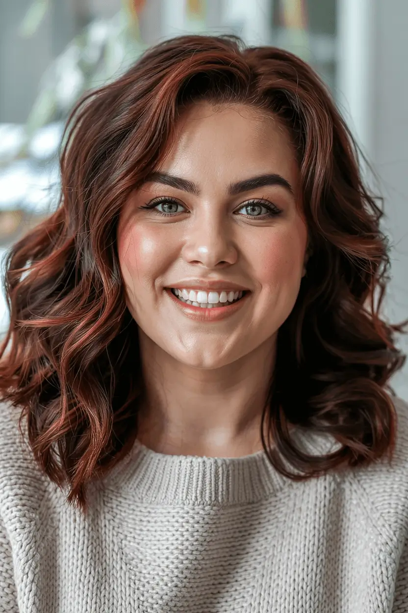 fat face haircuts long Soft Auburn Layers with Glossy Curls