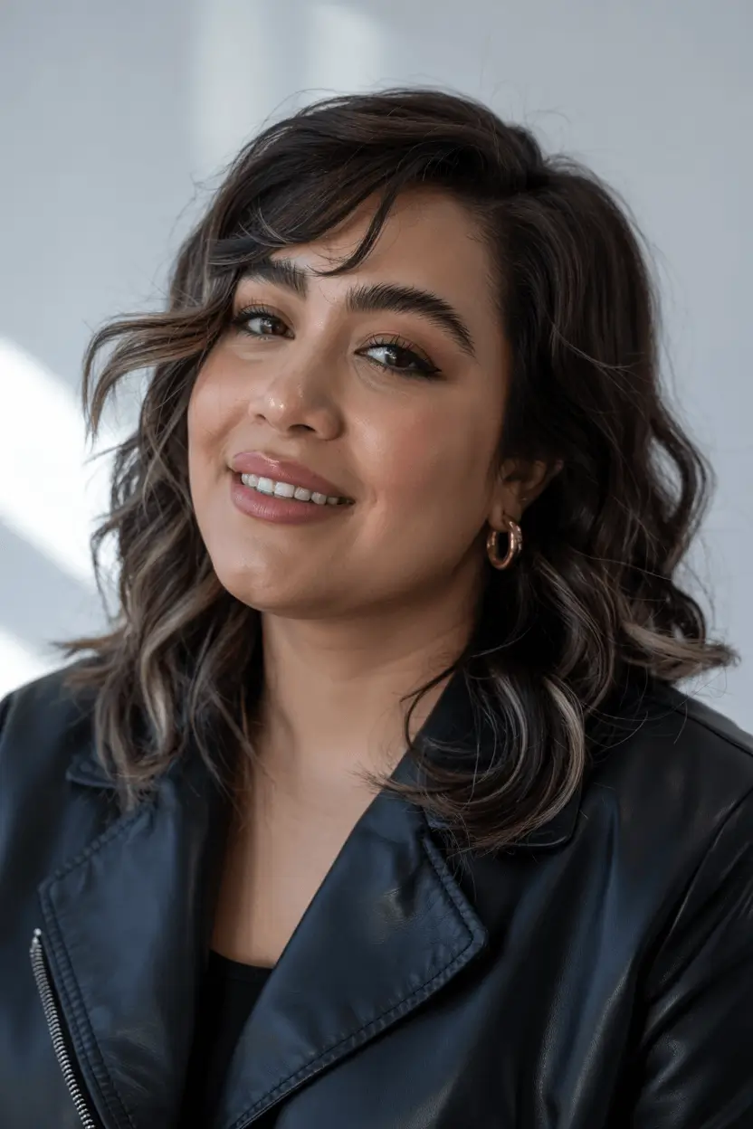 fat face haircuts medium Side Swept Waves with Face-Framing Highlights