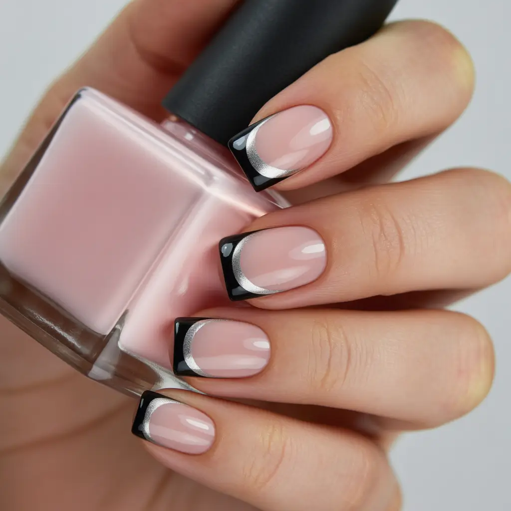 french nails 2026 Silver Crescent Black French