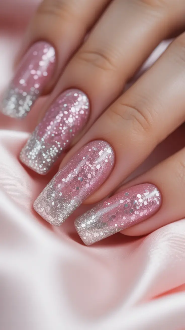 french nails 2026 Pink Silver Glitter Fade