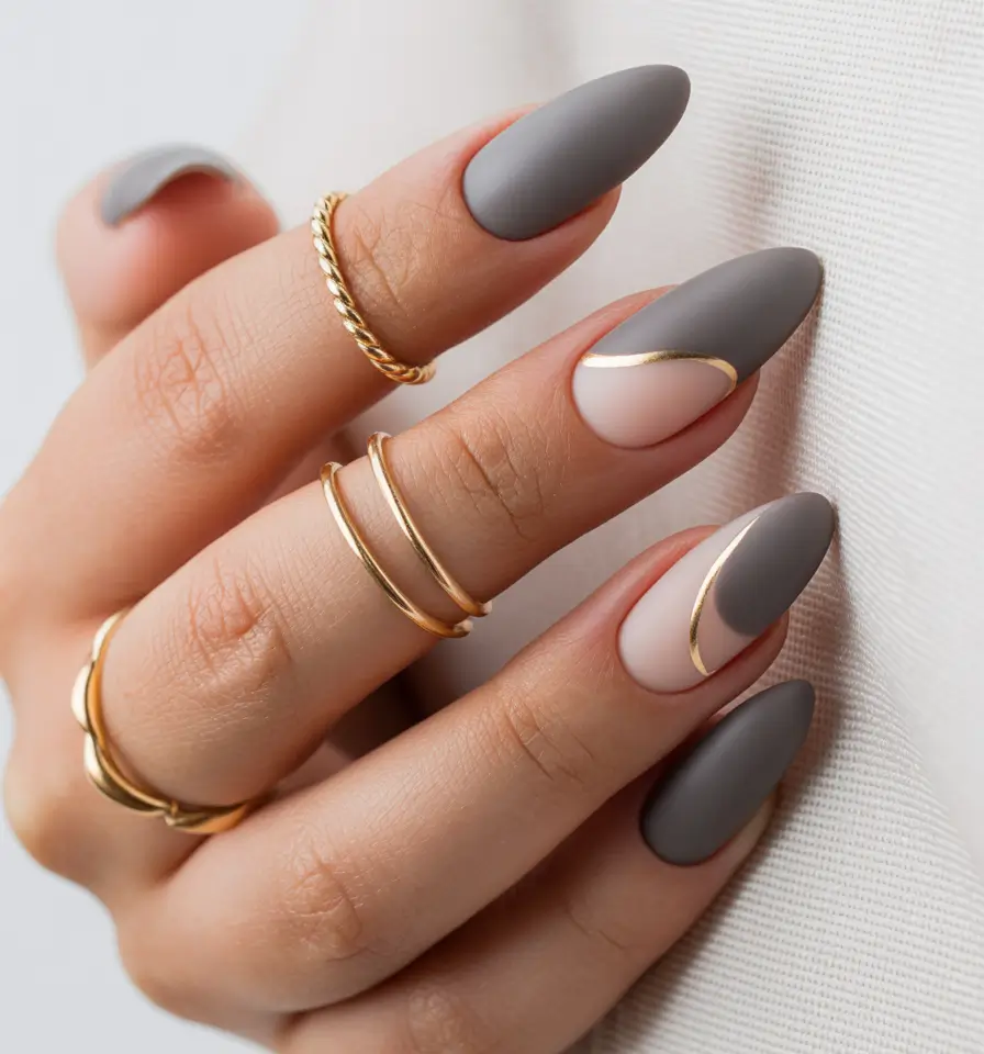gel nails simple Matte Grey Contour Accent Gel Nails