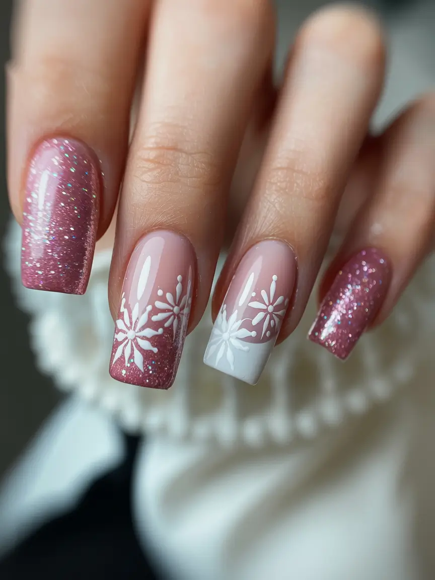 gel nails designs Blush Snowflake Elegance Gel Nails