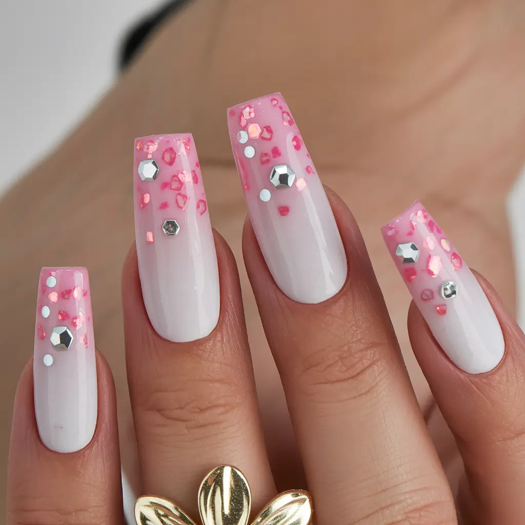 gel nails simple Pink Gemstone Confetti Ombre Gel Nails
