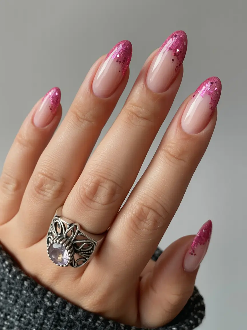 gel nails ideas Magenta Glitter Frost Tip Gel Nails