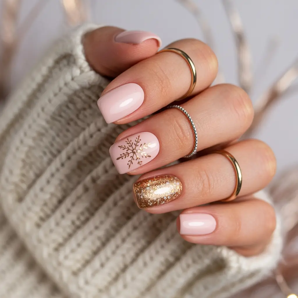 gel nails inspiration Blush Gold Snowflake Accent Gel Nails