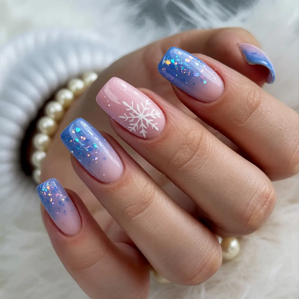 gel nails winter Frozen Blue Ombre With Snowflake Accent Gel Nails