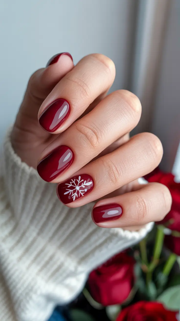 gel nails winter Mulled Wine Red With Snowflake Detail Gel Nails