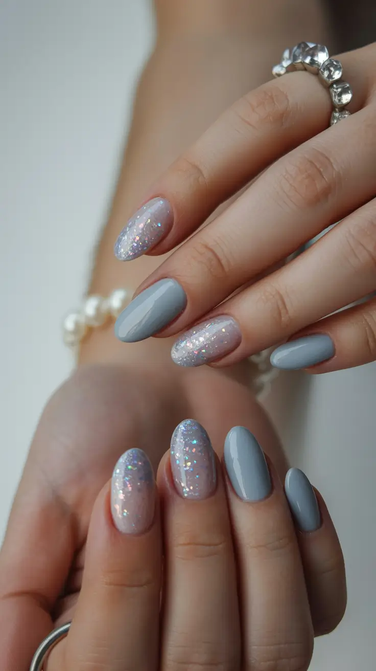 gel nails simple Grey Winter Sparkle Almond Gel Nails