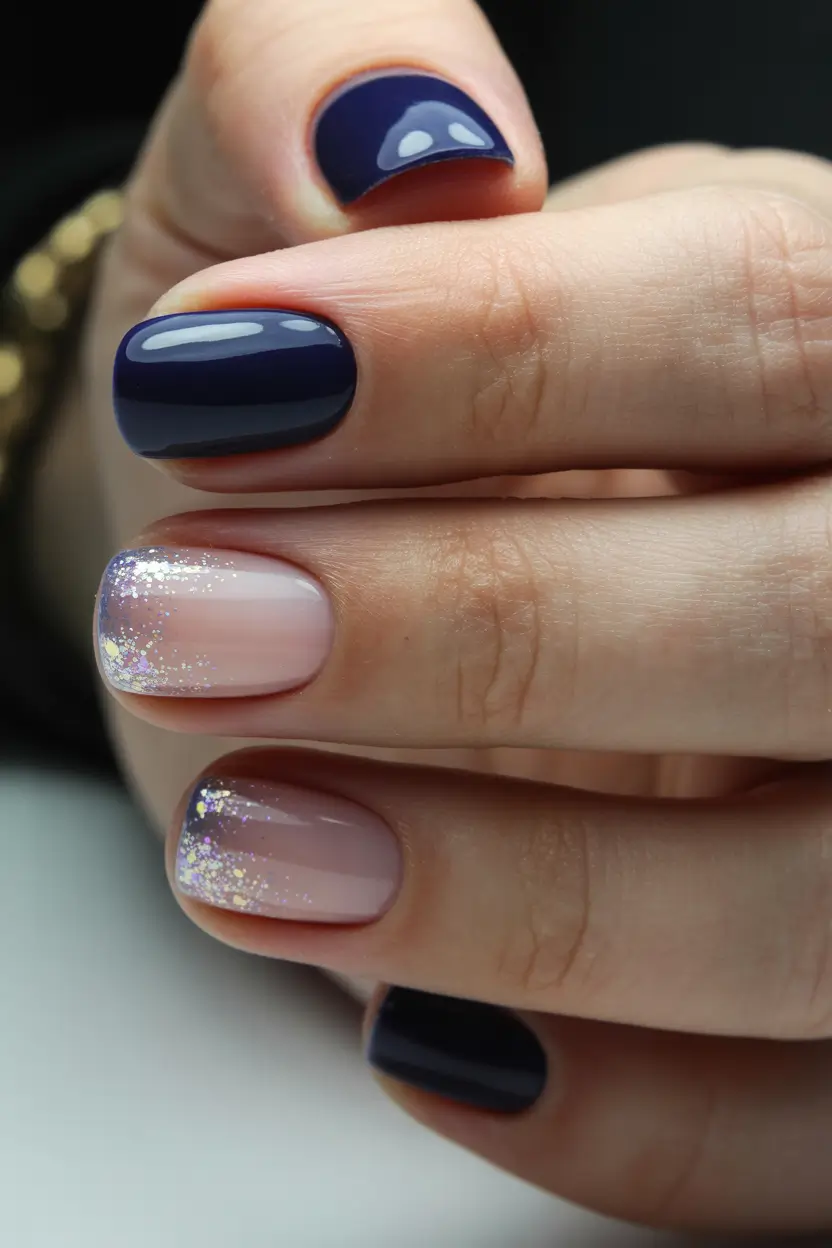 gel nails ideas Midnight Navy With Soft Glitter Fade Gel Nails