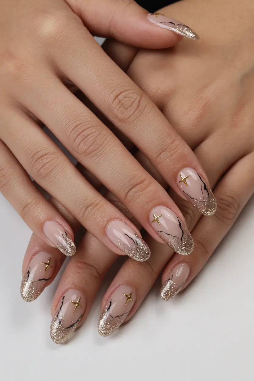 gold nails 2026 Celestial Marble Gold Almond Art