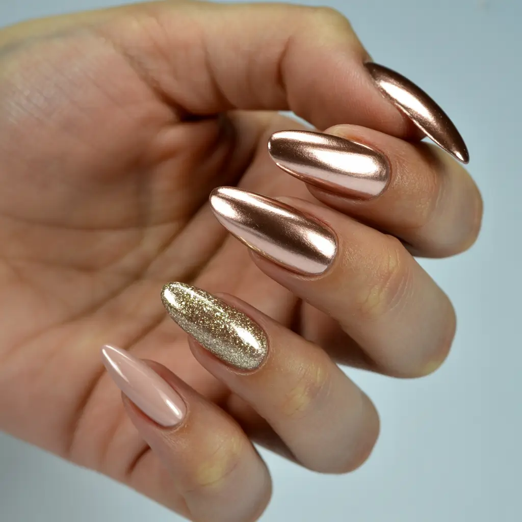 gold nails 2026 Rose Glow Metallic Almond Harmony