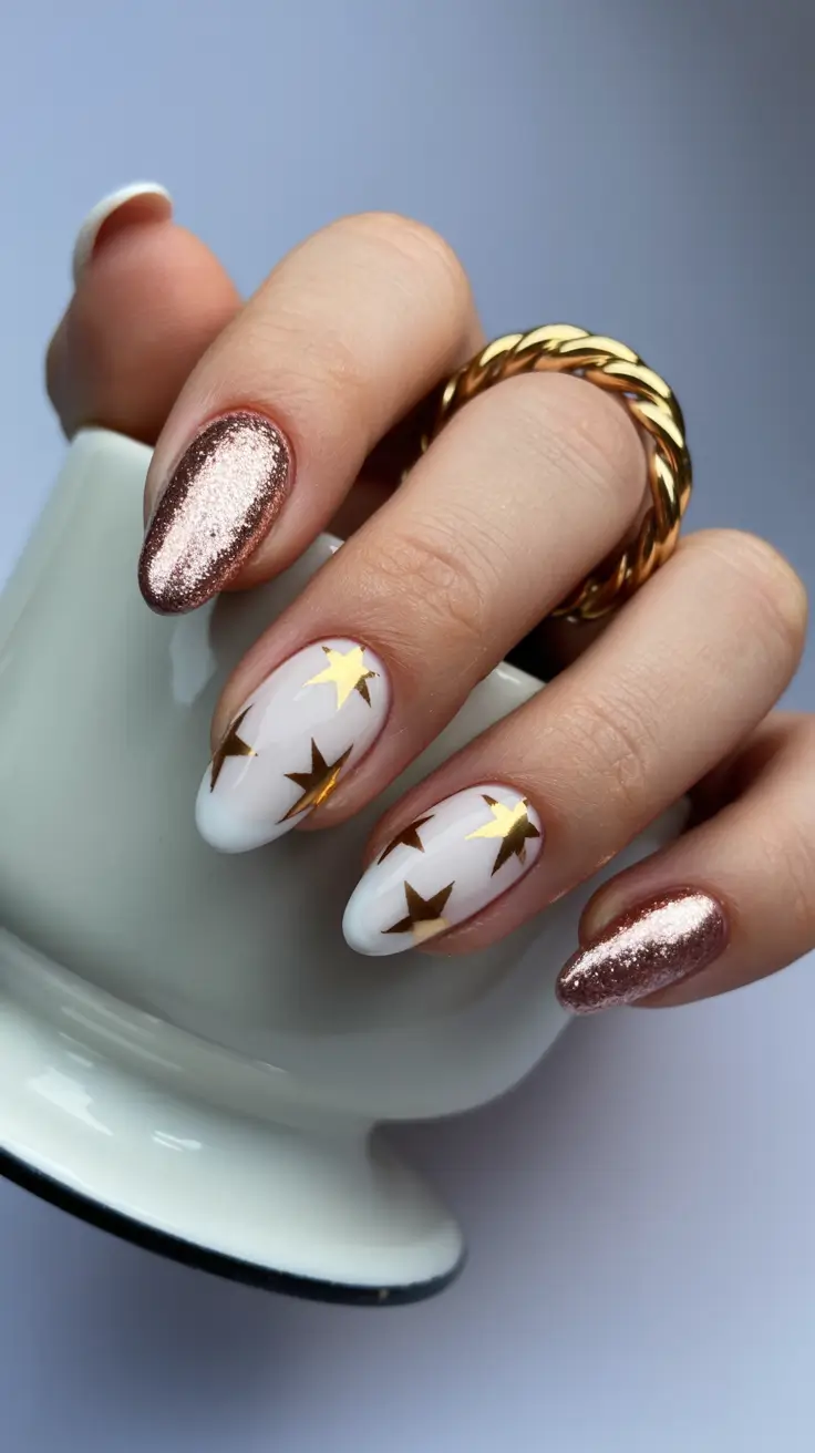 gold nails 2026 White Star Chic with Rose Gold Accents
