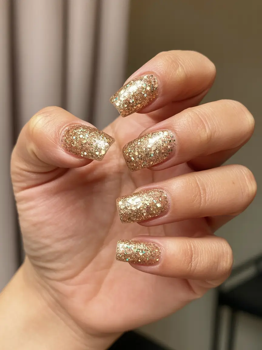 gold nails 2026 Champagne Glitter Square Glow
