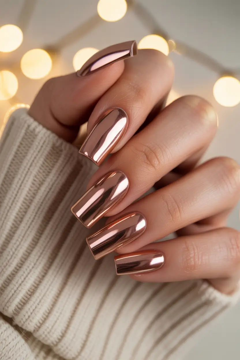 gold nails 2026 Rose Chrome Square Reflection