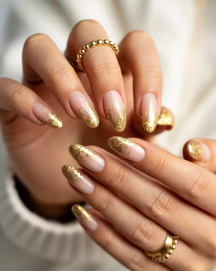 gold nails 2026 Champagne Sugar Almond Glow
