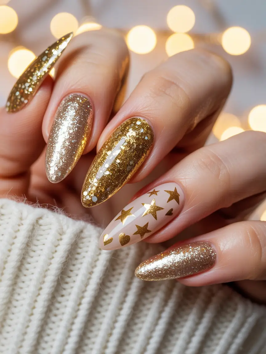 gold nails 2026 Golden Stardust Almond Magic