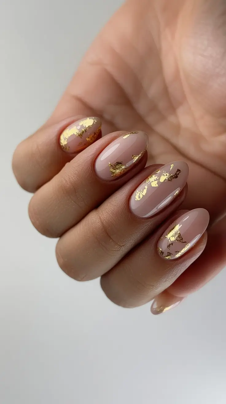 gold nails 2026 Soft Nude Gold Foil Accents