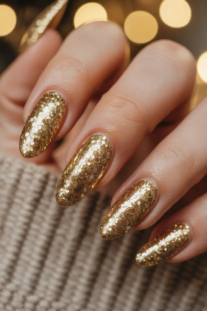 gold nails 2026 Full Gold Sequins Glow