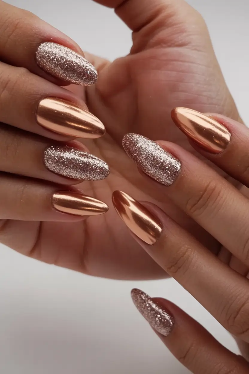 gold nails 2026 Rose Chrome Almond Luxe