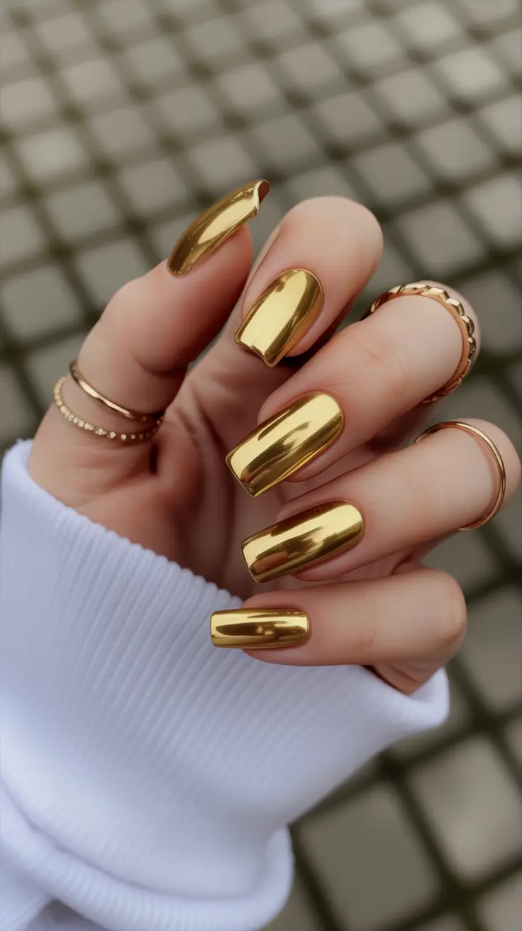 gold nails 2026 Classic Gold Mirror Square Shine