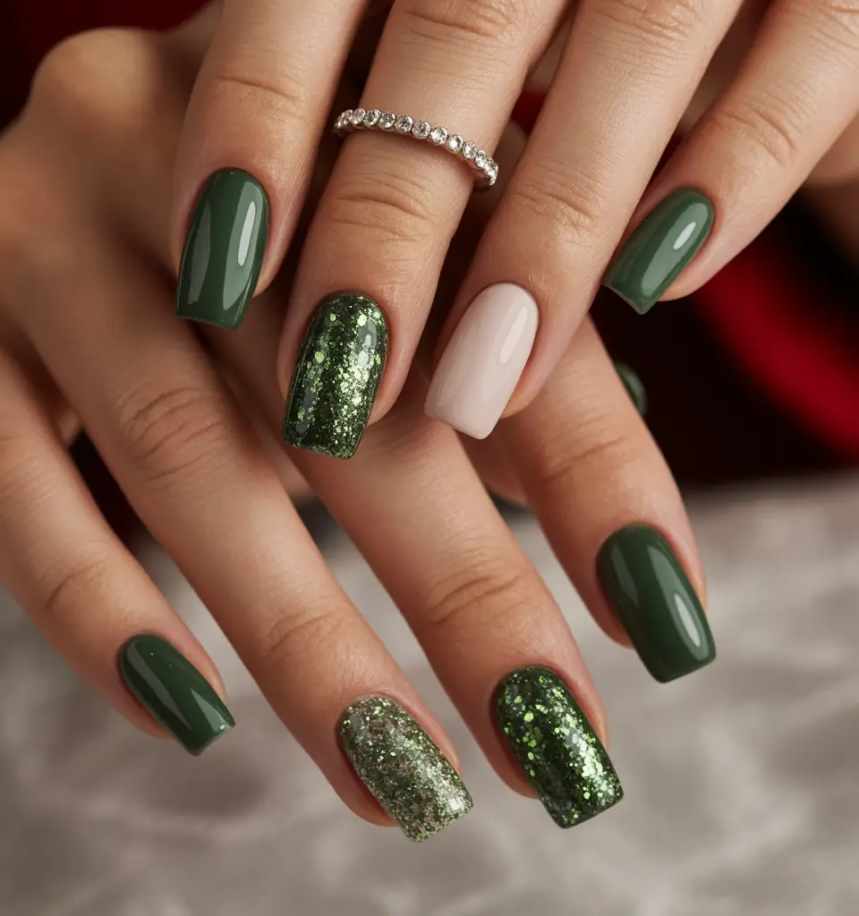 green nails 2026 Glittered Evergreen Mix