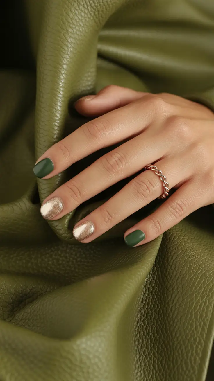 green nails 2026 Matte Olive and Gold Harmony