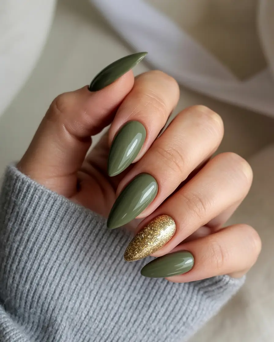 green nails 2026 Olive Gold Almond Glow