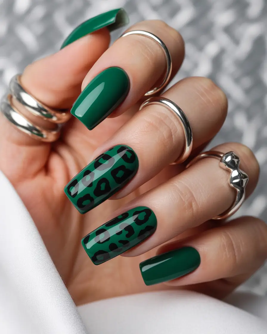 green nails 2026 Deep Emerald Leopard Mood