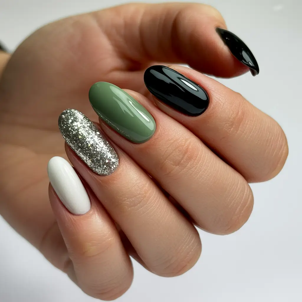 green nails 2026 Mixed Palette Olive Sparkle