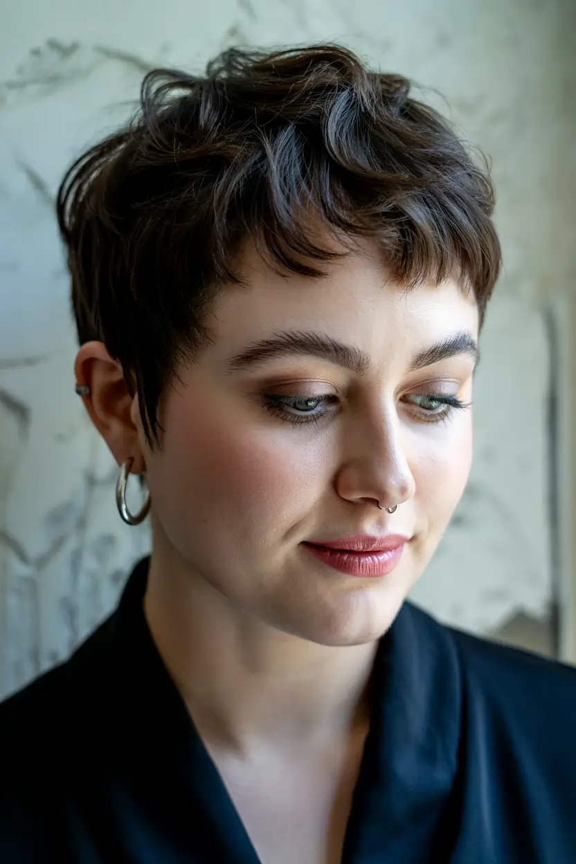 haircuts for chubby faces short Textured Pixie With Gentle Movement