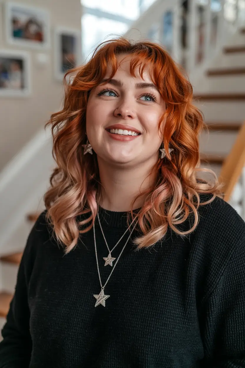 haircuts for chubby faces curly hair Copper Shag With Peachy Highlights