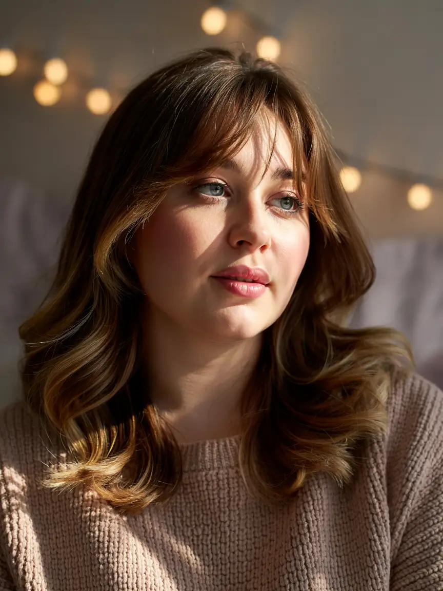 haircuts for chubby faces and thin hair Soft Caramel Layers With Curtain Bangs
