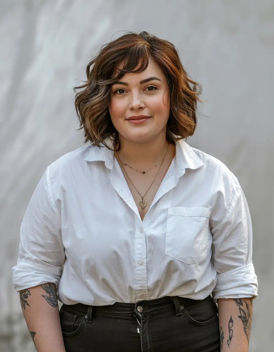 haircuts for chubby faces and thin hair Wavy Mid-Length Cut With Warm Highlights