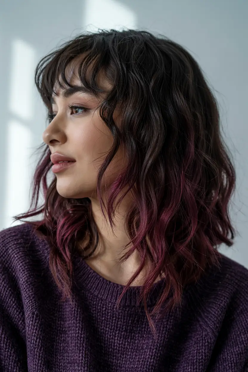 haircuts for medium hair 2026 Wavy Magenta Layers with Bangs