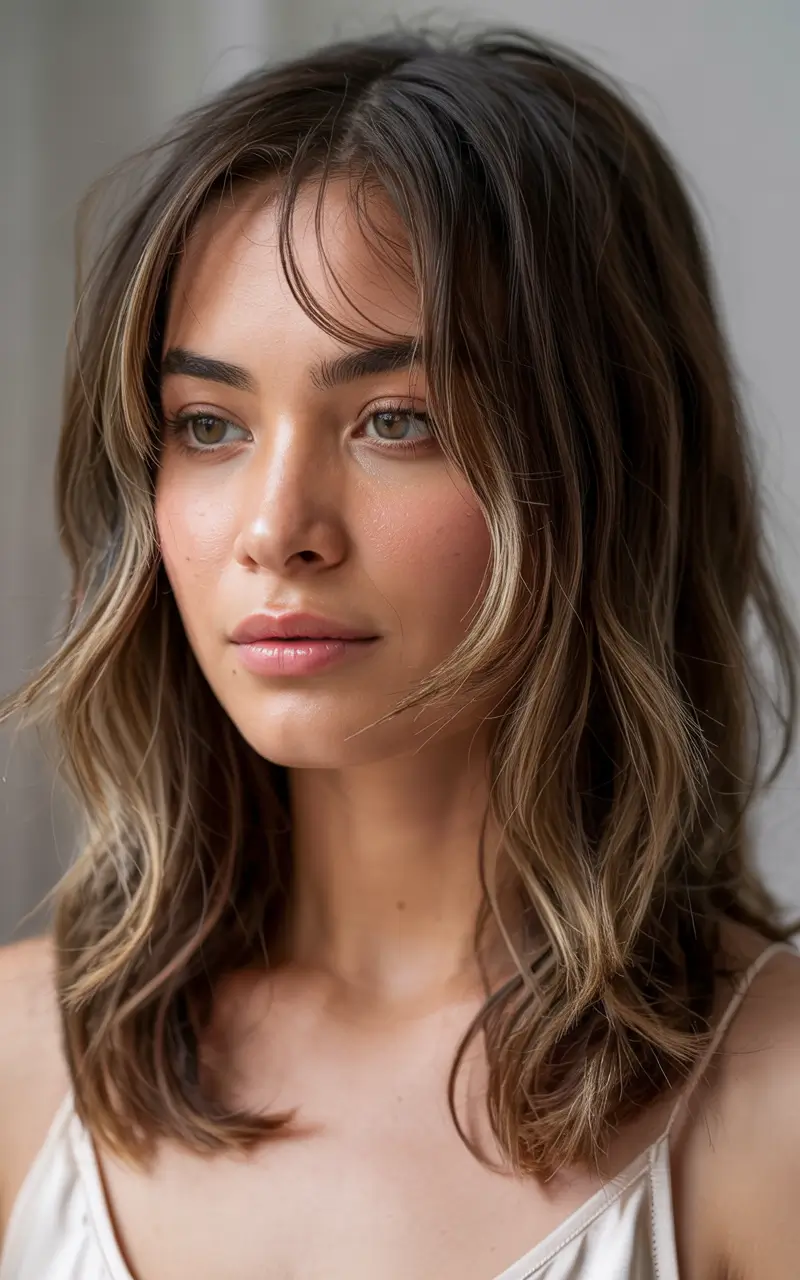 haircuts for medium hair 2026 Choppy Layered Brunette Flow