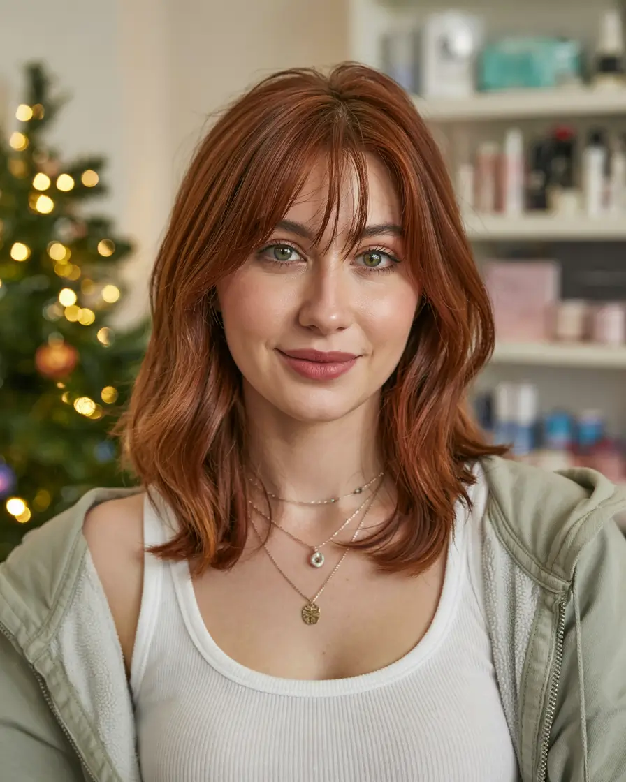 haircuts for medium hair 2026 Warm Copper with Soft Bangs